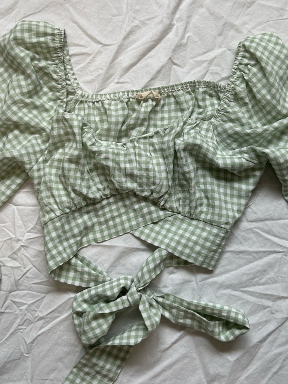 Altar’d State Gingham Puff Sleeve Tie-Back Crop Top - Sage Green and White